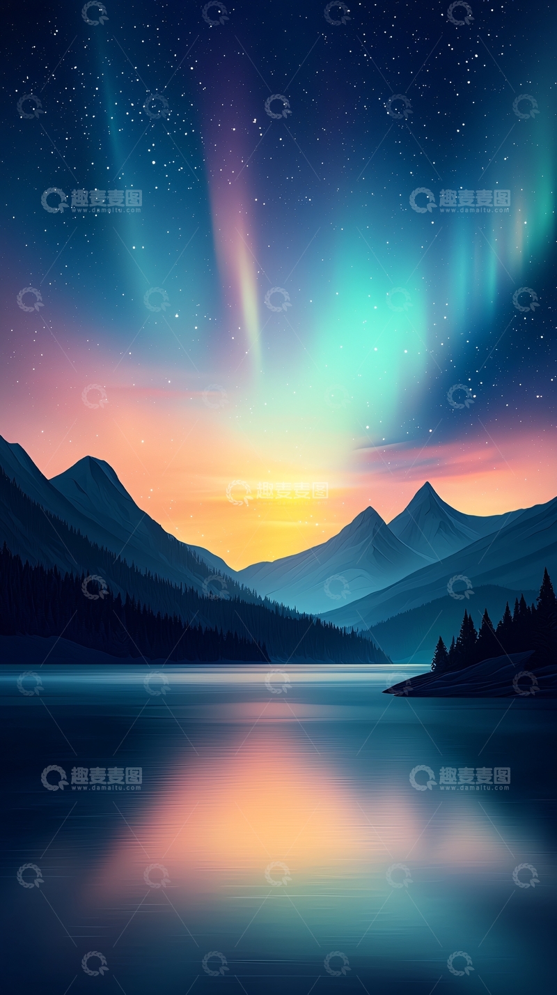 高清大图下载【趣麦麦图】宁静湖面极光山脉
