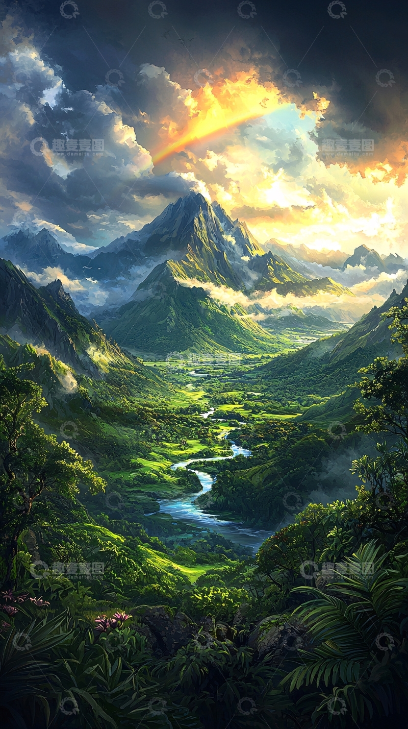 高清大图下载【趣麦麦图】山谷河流与彩虹天空