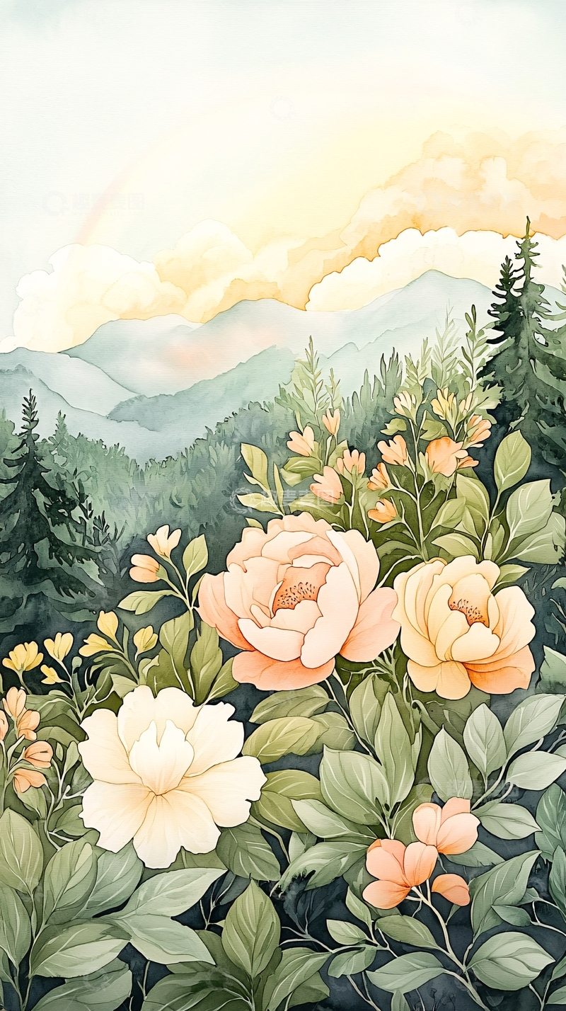 高清大图下载【趣麦麦图】水彩画风的花与山