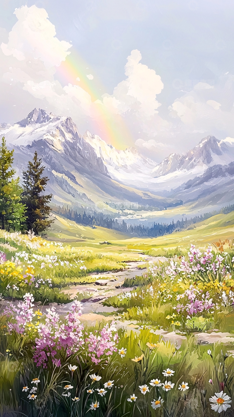 高清大图下载【趣麦麦图】山间彩虹下的鲜花草地