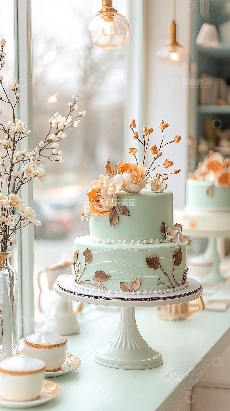高清大图下载【趣麦麦图】薄荷绿双层花卉蛋糕