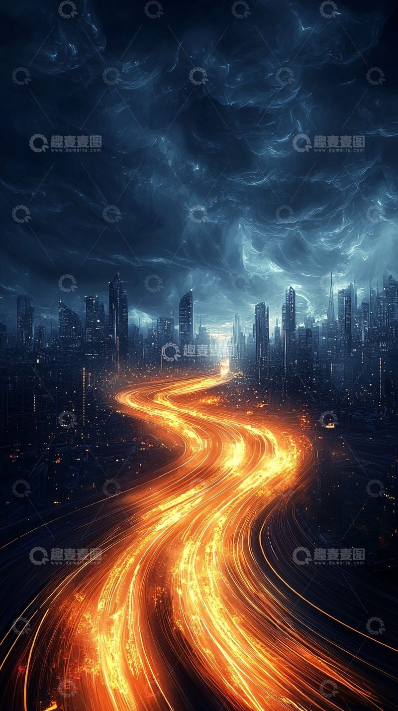 高清大图下载【趣麦麦图】火焰河流穿过城市夜景