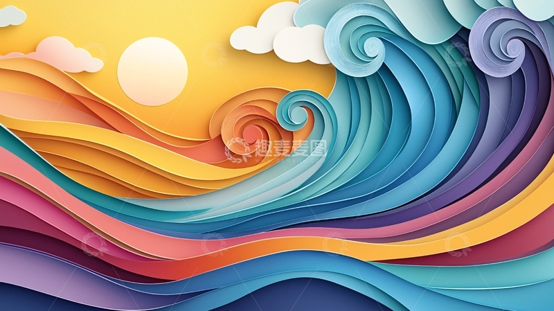 高清大图下载【趣麦麦图】彩色波浪太阳与云朵