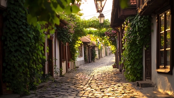 阳光洒在古老石路上