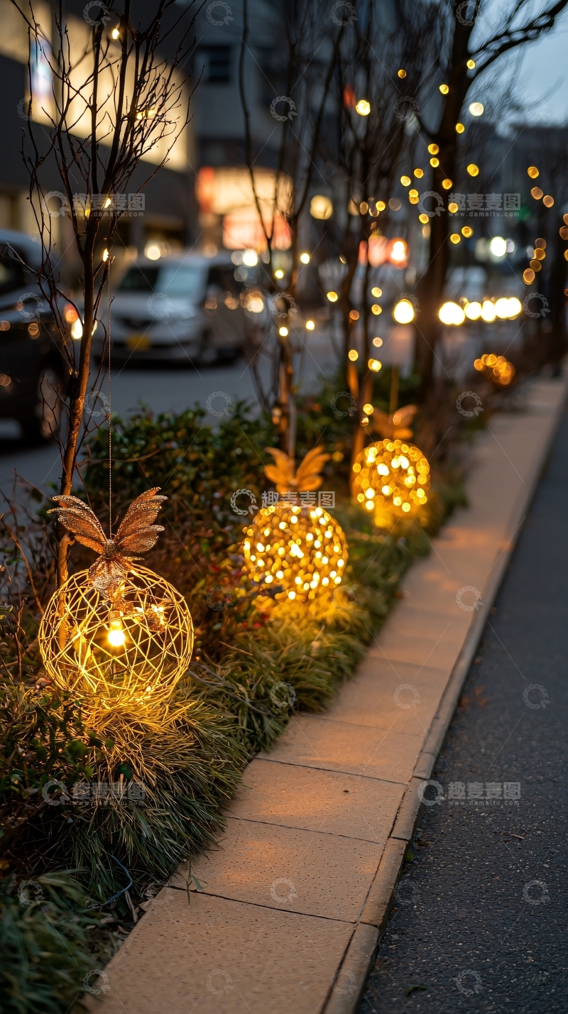 高清大图下载【趣麦麦图】街边节日装饰灯光暖色调