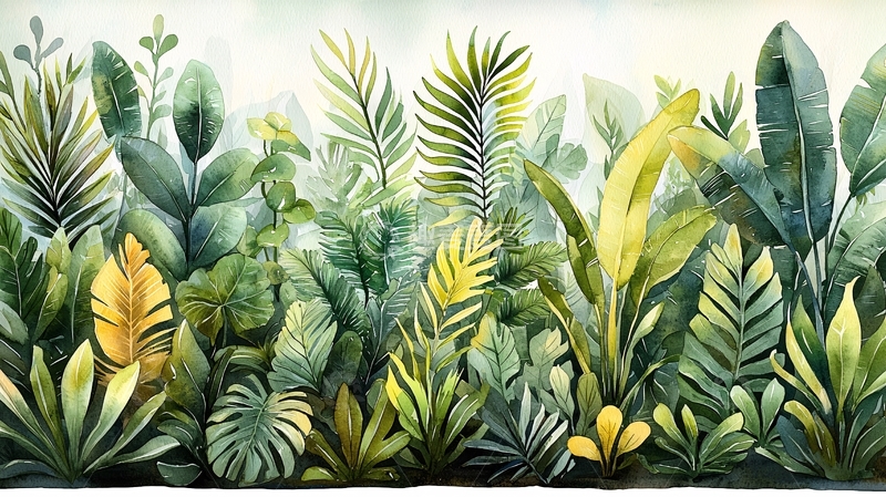 高清大图下载【趣麦麦图】茂密的热带植物水彩画