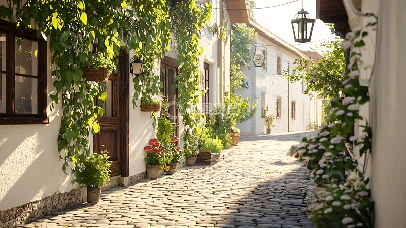 高清大图下载【趣麦麦图】石板路街道两旁白墙绿植