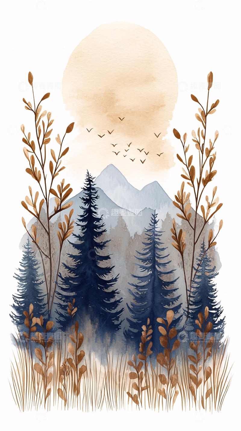 高清大图下载【趣麦麦图】水彩森林山峦与月亮