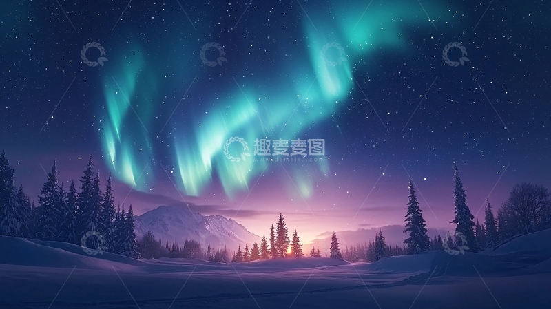 高清大图下载【趣麦麦图】夜空极光森林剪影