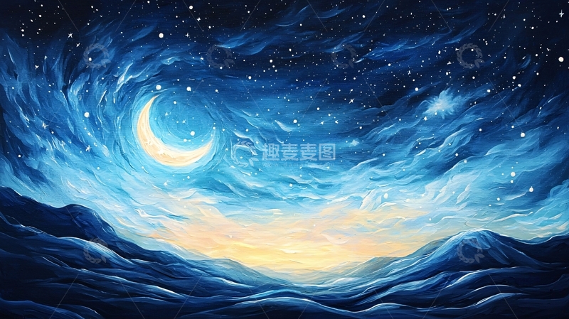 高清大图下载【趣麦麦图】夜空月亮云彩的油画