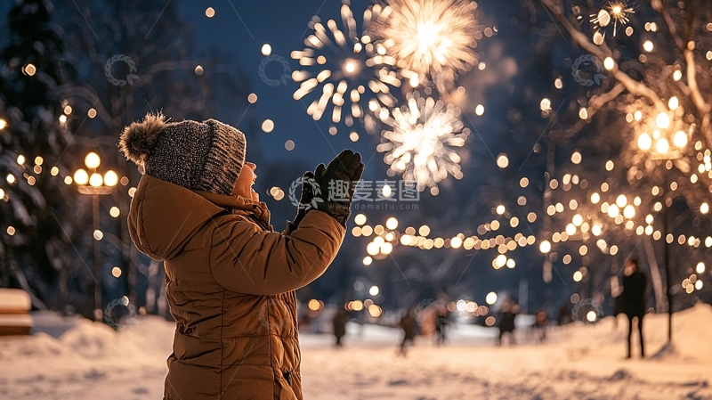 高清大图下载【趣麦麦图】冬日小孩看烟花