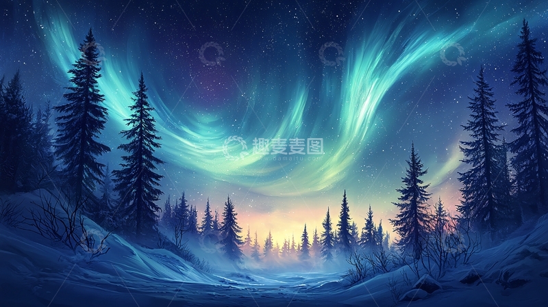 高清大图下载【趣麦麦图】绚丽极光下的森林夜景