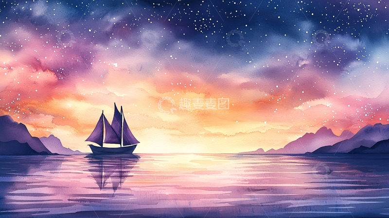 高清大图下载【趣麦麦图】宁静星空下的帆船