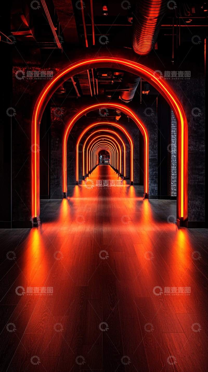 高清大图下载【趣麦麦图】霓虹拱门隧道走廊深处