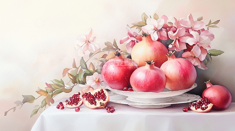 高清大图下载【趣麦麦图】静物石榴与花卉