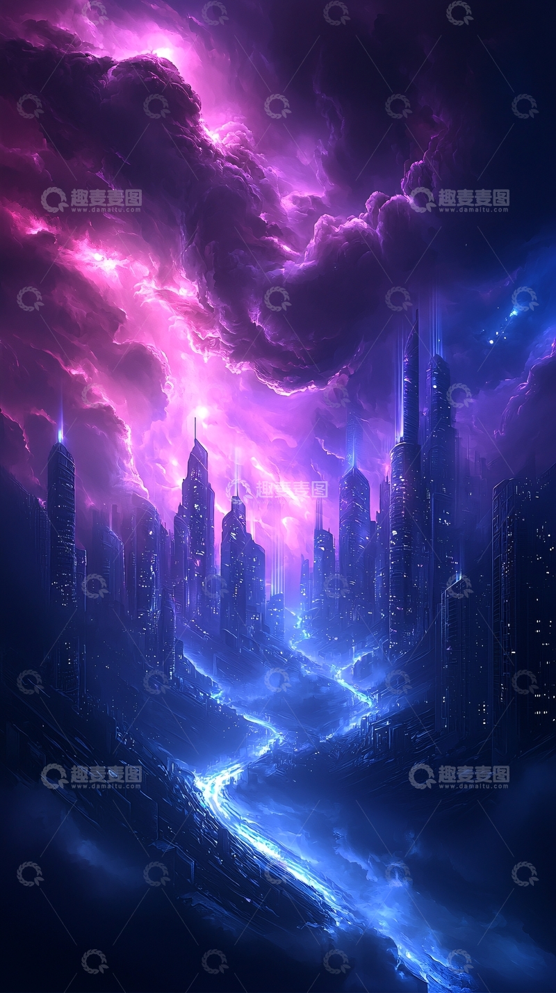 高清大图下载【趣麦麦图】未来城市紫色闪电天空