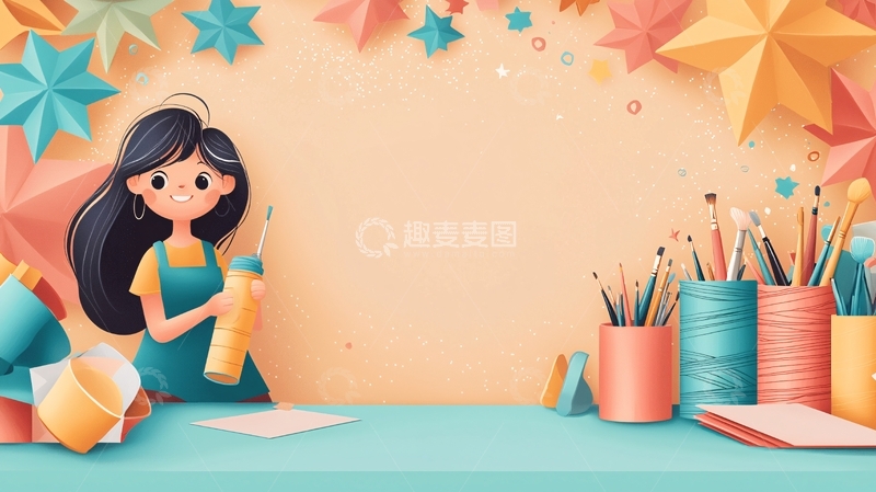 高清大图下载【趣麦麦图】卡通女孩在桌边画画