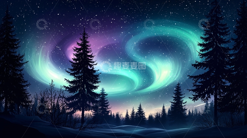 高清大图下载【趣麦麦图】极光下森林的夜空