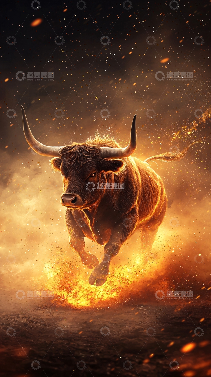 高清大图下载【趣麦麦图】奔腾的火焰公牛