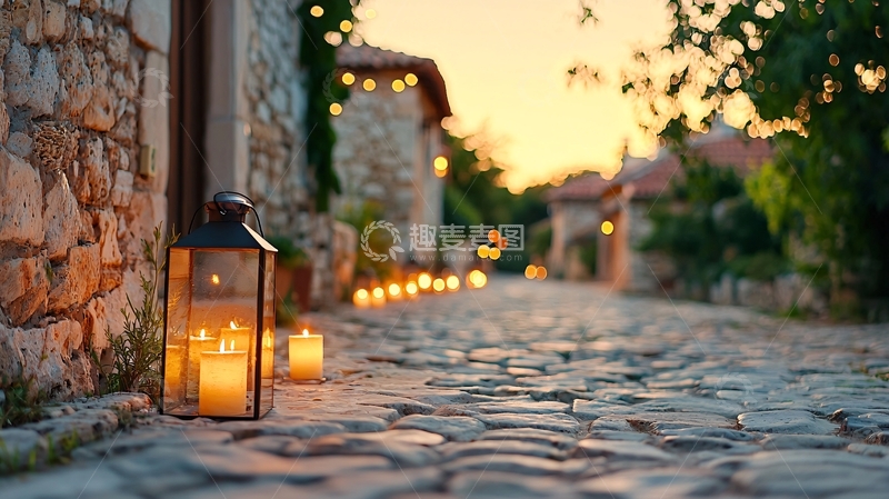 高清大图下载【趣麦麦图】石板路灯光温暖宁静小镇