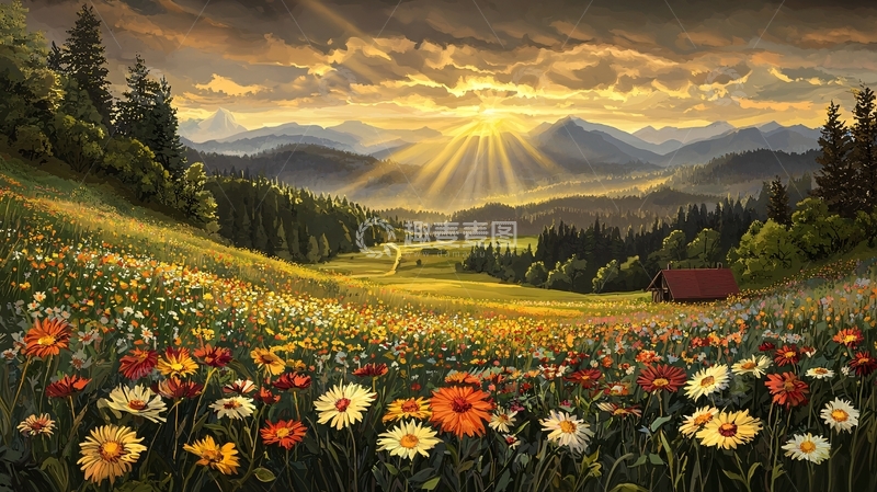 高清大图下载【趣麦麦图】阳光穿透云层的田园风光