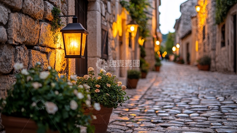 高清大图下载【趣麦麦图】古老石路小镇的夜景