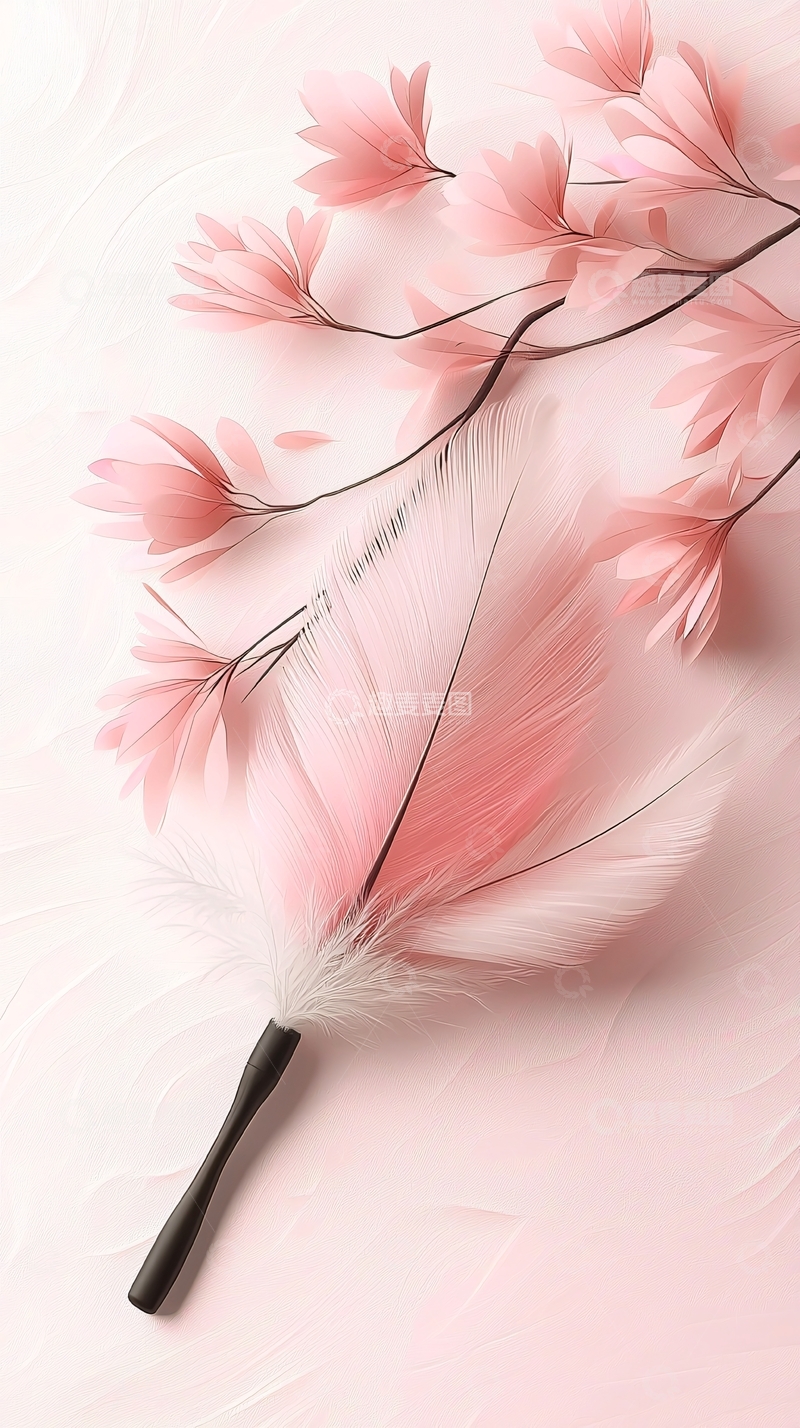 高清大图下载【趣麦麦图】粉色花朵和羽毛的静物