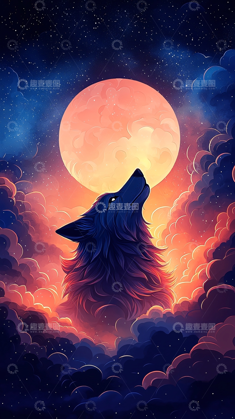 高清大图下载【趣麦麦图】狼对着月亮嚎叫