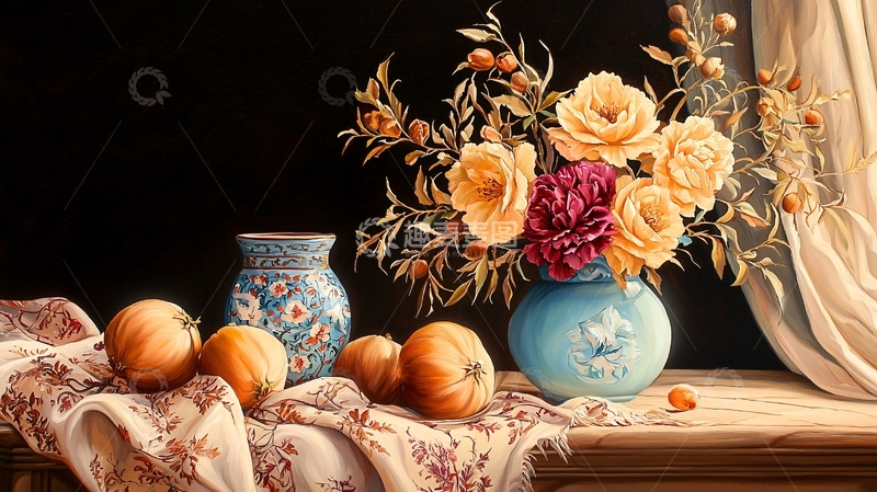 高清大图下载【趣麦麦图】花瓶里的鲜花和水果