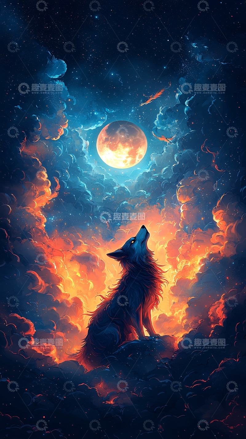 高清大图下载【趣麦麦图】狼嚎月夜云端