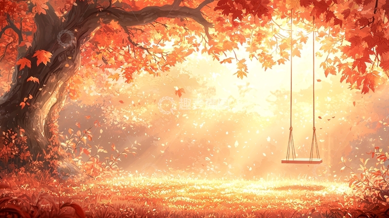 高清大图下载【趣麦麦图】秋日暖阳下的树与秋千