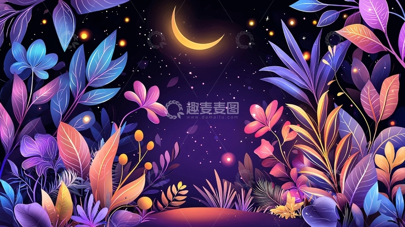 高清大图下载【趣麦麦图】奇幻夜空鲜花植物