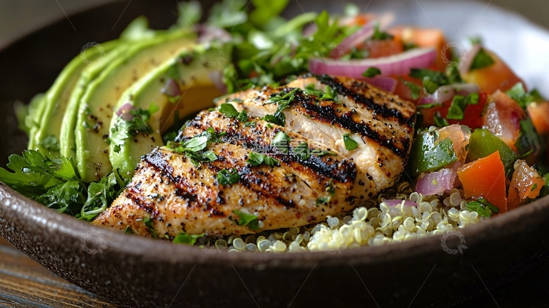 高清大图下载【趣麦麦图】烤鸡肉牛油果藜麦沙拉