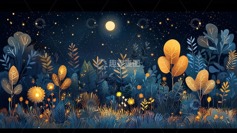 高清大图下载【趣麦麦图】夜空下闪耀的森林植物