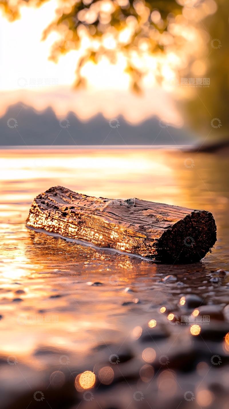 高清大图下载【趣麦麦图】夕阳下的水边木头