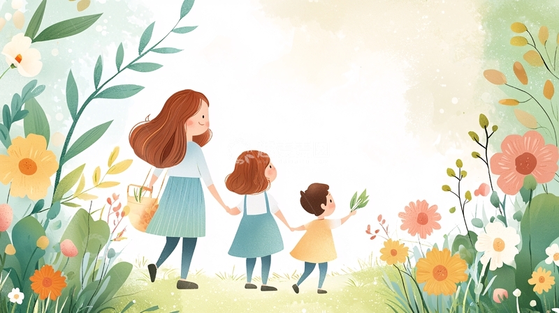 高清大图下载【趣麦麦图】母亲带着两个女儿在花丛中