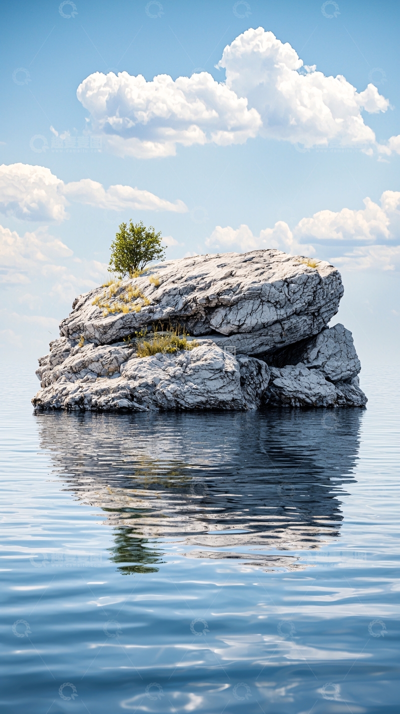 高清大图下载【趣麦麦图】水面上的孤石与树木