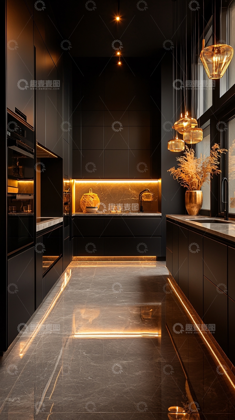 高清大图下载【趣麦麦图】深色系窄厨房