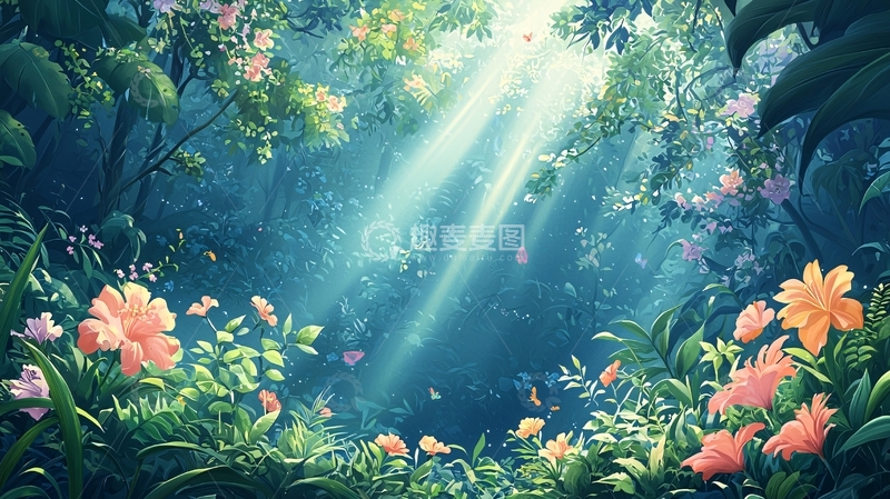 高清大图下载【趣麦麦图】阳光穿过丛林照亮花朵