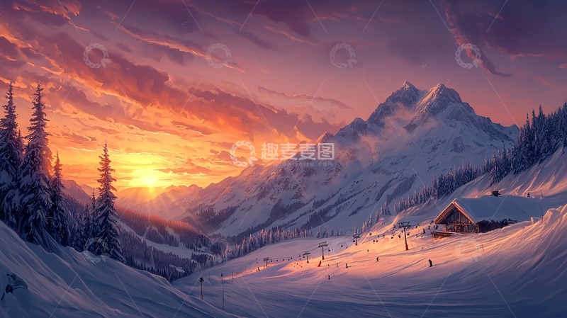 高清大图下载【趣麦麦图】雪山日落小屋