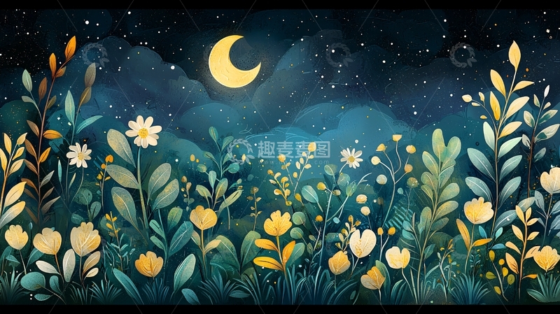 高清大图下载【趣麦麦图】夜空月亮下的花丛
