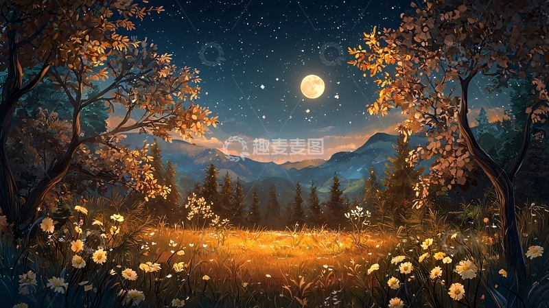 高清大图下载【趣麦麦图】星空下的花田夜晚美景