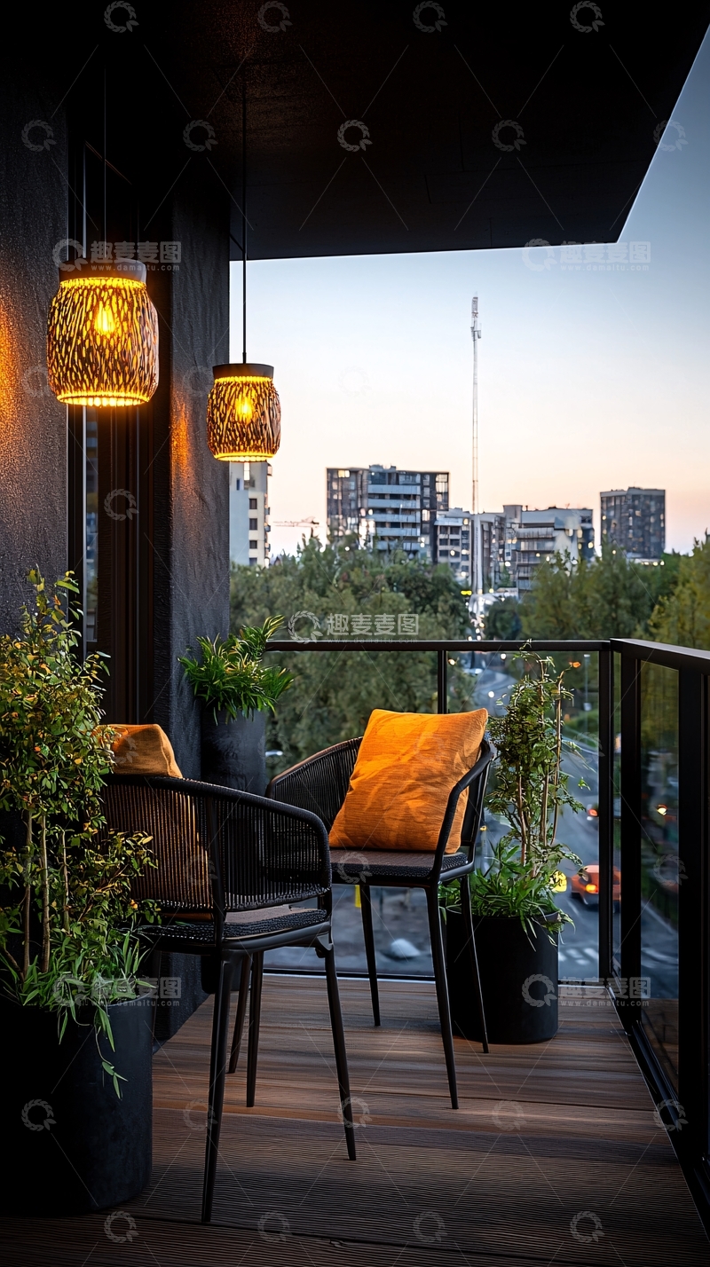高清大图下载【趣麦麦图】-现代阳台夜景与城市天际线