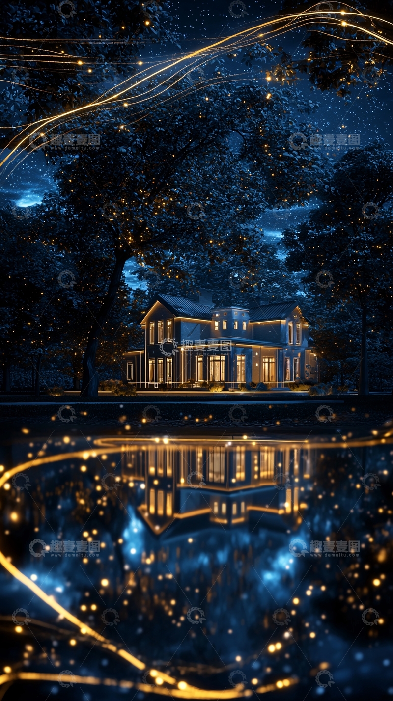 高清大图下载【趣麦麦图】夜晚湖边带灯光的房子