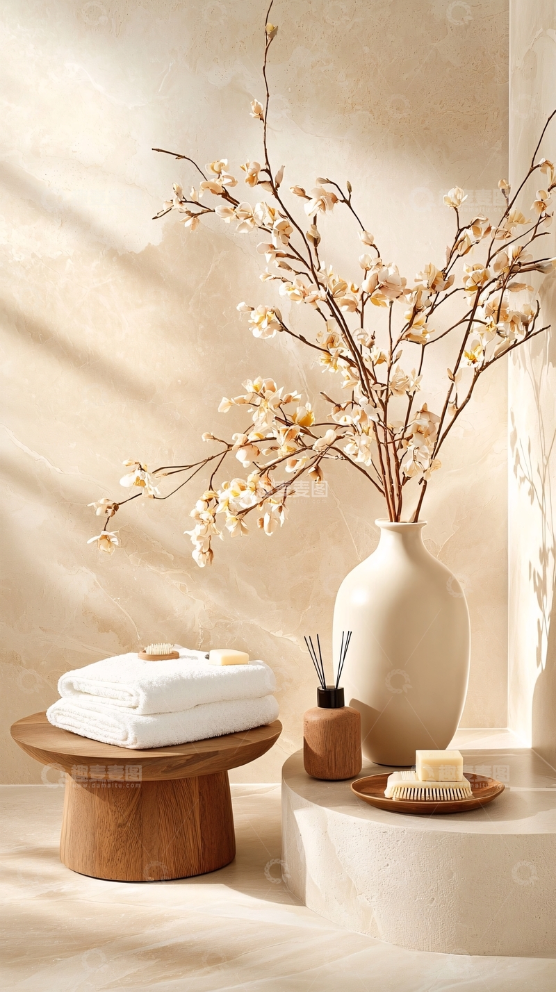 高清大图下载【趣麦麦图】米色背景下的禅意静物