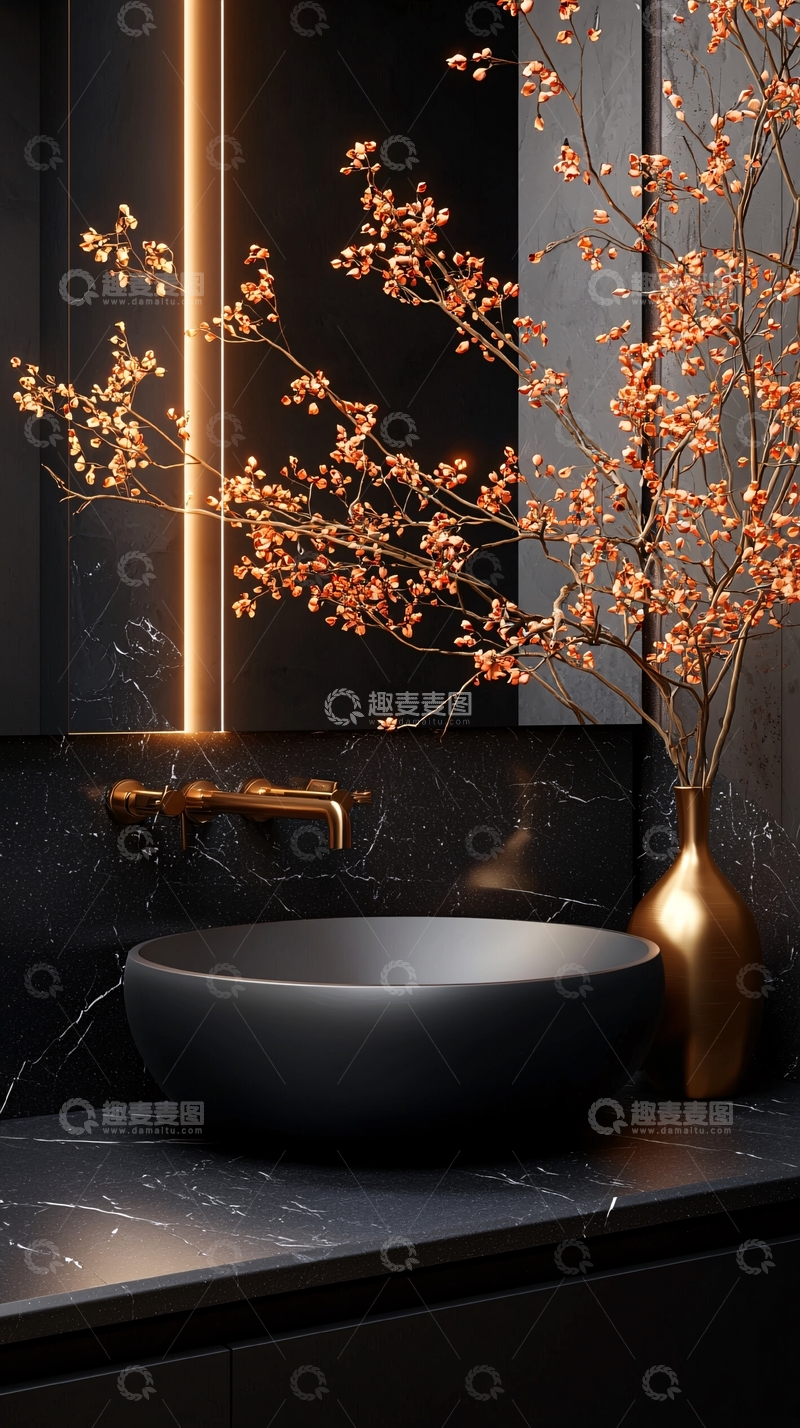 高清大图下载【趣麦麦图】黑色大理石台面上的哑光黑洗手盆