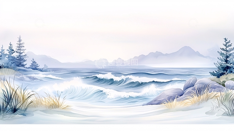 高清大图下载【趣麦麦图】海边水彩风景画