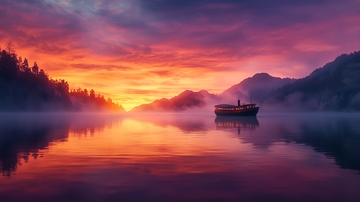 绚丽湖面船只日出倒影