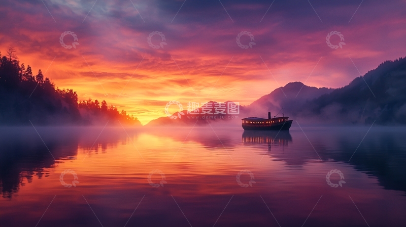 高清大图下载【趣麦麦图】绚丽湖面船只日出倒影
