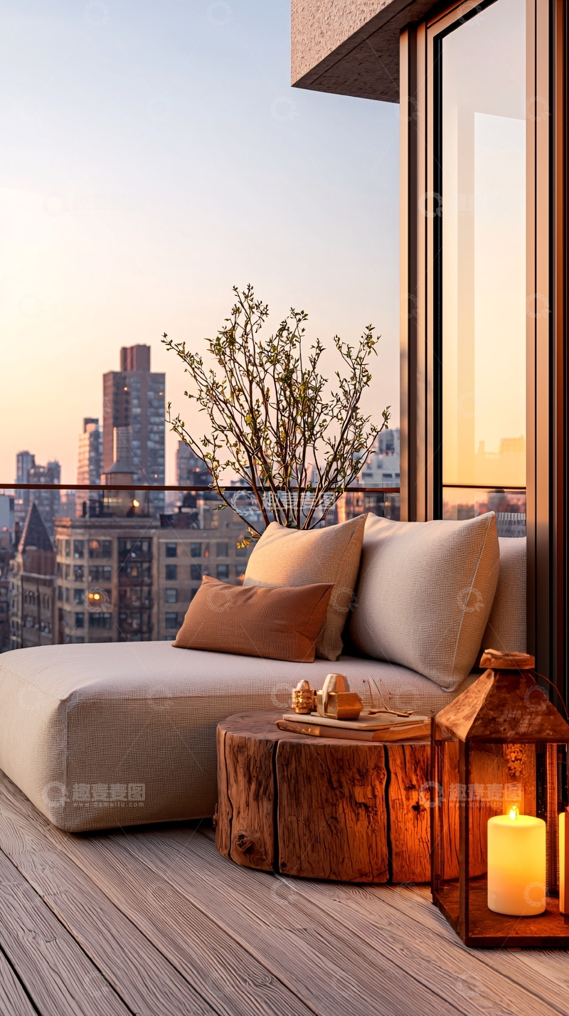 高清大图下载【趣麦麦图】城市高楼背景下的阳台休闲一角